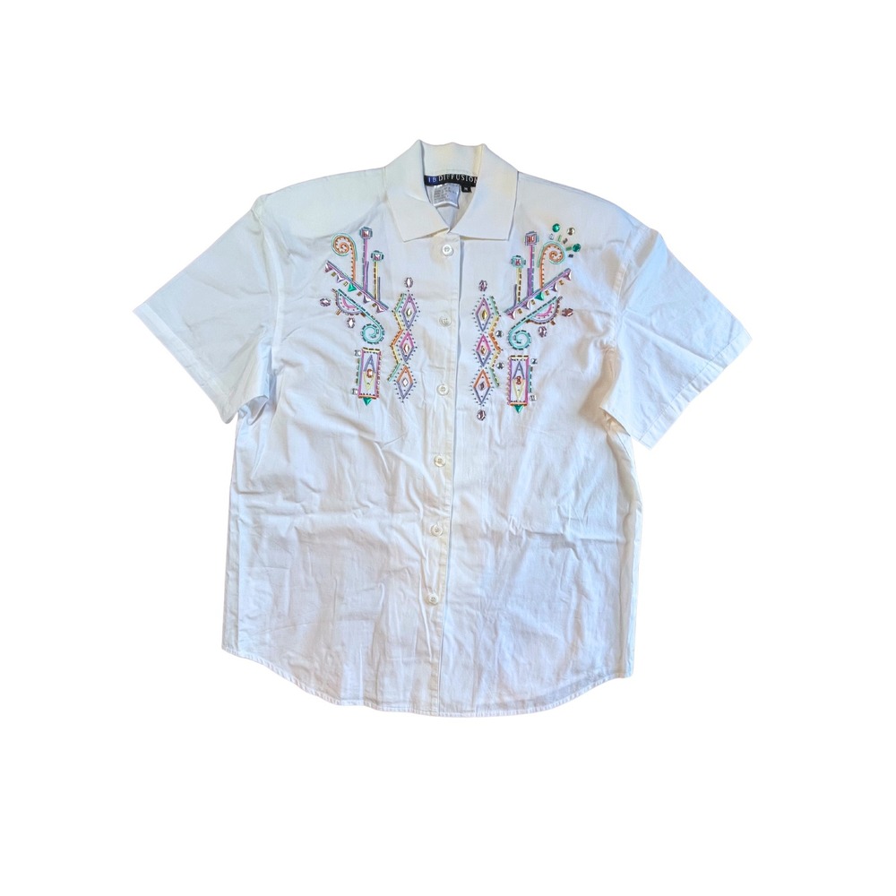Vintage 80s Southwestern Shirt Size M Boho Rhinestones Artsy Eclectic Western